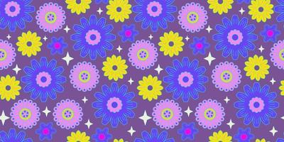 Flower power retro 1990s seamless pattern with daisy for wallpaper design. Psychedelic print. Flower power. Trendy pop art retro floral pattern. Bright seamless design vector