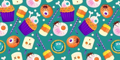 Cartoon seamless pattern halloween sweet dessert. Fantasy eyeball, cake, candy colorful illustration. Cute candy wallpaper. Magic print. Cartoon vector illustration. Happy halloween