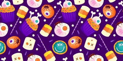 Cartoon seamless pattern halloween sweet dessert. Fantasy eyeball, cake, candy colorful illustration. Cute candy wallpaper. Magic print. Cartoon vector illustration. Happy halloween