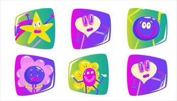 Contemporary funny smile avatar square set in retro comic style. Psychedelic emotions smile character in area. Modern retro abstract design. Round, heart, star character emoji. Pop art sticker pack vector