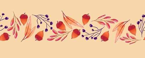 Seamless border autumn fall. Thanksgiving holiday. Vector seamless pattern. Bright autumn design with leaf, acorn and pumpkin.