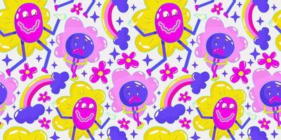 Flower power retro 1990s seamless pattern with smile for wallpaper design. Psychedelic print. Trendy contemporary funny character pattern. Bright smile seamless design