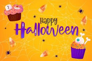 Happy Halloween banner orange with cobwer, spider and sweet dessert. Cute background. Vector design. Modern concept design. Happy halloween. Web banner template