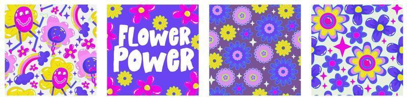 Daisy flower power poster set for print design. Abstract trippy psychedelic pattern. Flower power. Funny vector illustration. Retro 1990 poster for tshirt design.