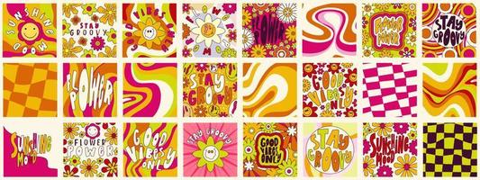 Daisy Flowers, Trippy groovy poster set for print design quote. Psychedelic hippy groovy print. Template poster vector illustration. Abstract vector pattern. Wavy Swirl, checkerboard, btight color