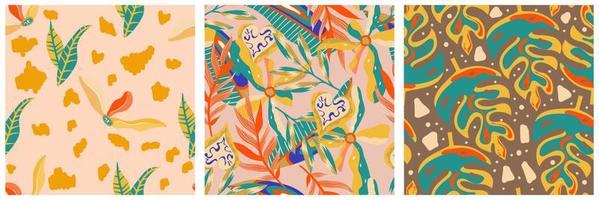 conjunto de patrones sin fisuras de la jungla boho estética para el diseño de impresión. fondo floral tropical de la colección botánica boho. patrón de selva floral exótico moderno. textura geométrica. diseño de impresión. vector