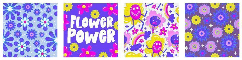 Daisy flower power poster set for print design. Abstract trippy psychedelic pattern. Flower power. Funny vector illustration. Retro 1990 poster for tshirt design.