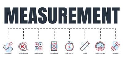 Measuring, measure, measurement banner web icon set. stopwatch, ruler, tape measure, sand glass, speedometer, barbell, calculator, dumbbell vector illustration concept.