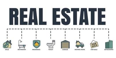 Real Estate banner web icon set. toilet, garage, bathroom, insurance, moving home, skyscraper, for sale, sold vector illustration concept.