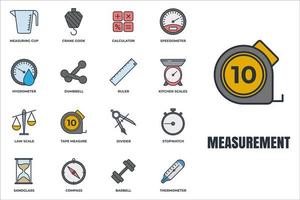 conjunto de ilustración de vector de logotipo de icono de medición. medida, símbolo del paquete de medidas. vidrio de arena, velocímetro, pesas, calculadora y más plantillas para la colección de diseño gráfico y web