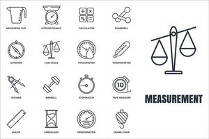 Set of Measuring icon logo vector illustration. measure, measurement pack symbol. sand glass, speedometer, barbell, calculator and more template for graphic and web design collection