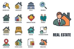 conjunto de ilustración de vector de logotipo de icono de bienes raíces. plantilla de símbolo de paquete de casa. casa, familia, casa de ensueño, agente inmobiliario y más para la colección de diseño gráfico y web