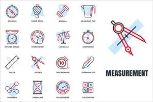 conjunto de ilustración de vector de logotipo de icono de medición. medida, símbolo del paquete de medidas. vidrio de arena, velocímetro, pesas, calculadora y más plantillas para la colección de diseño gráfico y web