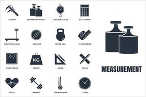 conjunto de ilustración de vector de logotipo de icono de medición. medida, símbolo del paquete de medidas. campana de hervidor, regla, escala de peso y más plantillas para la colección de diseño gráfico y web