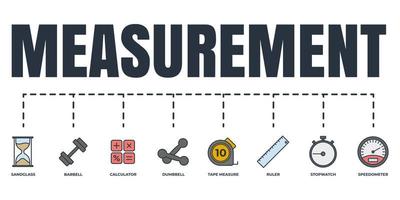 medición, medida, conjunto de iconos web de banner de medición. cronómetro, regla, cinta métrica, vidrio de arena, velocímetro, barra, calculadora, concepto de ilustración de vector de campana.