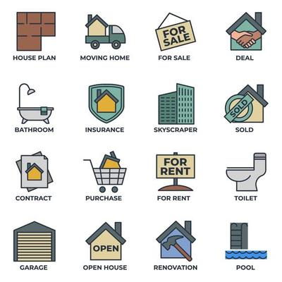 Set of Real Estate icon logo vector illustration. House pack symbol template. pool, contract, deal, for rent, renovation and more for graphic and web design collection