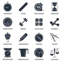 Set of Measuring icon logo vector illustration. measure, measurement pack symbol. sand glass, speedometer, barbell, calculator and more template for graphic and web design collection