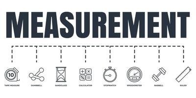 Measuring, measure, measurement banner web icon set. stopwatch, ruler, tape measure, sand glass, speedometer, barbell, calculator, dumbbell vector illustration concept.