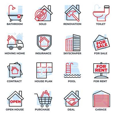 Set of Real Estate icon logo vector illustration. House pack symbol template. pool, contract, deal, for rent, renovation and more for graphic and web design collection