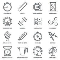 Set of Measuring icon logo vector illustration. measure, measurement pack symbol. sand glass, speedometer, barbell, calculator and more template for graphic and web design collection