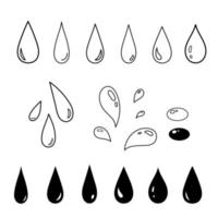 Set of glossy water drops on white. Outline and filled collection of drops isolated on white background. Vector splash