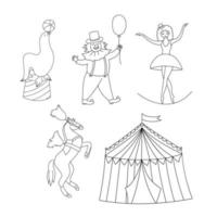 conjunto vectorial en blanco y negro con animales de circo aislados en fondo blanco. lindos y divertidos personajes del festival clipart. Página para colorear de comediantes con payaso, gimnasta, foca y caballo vector