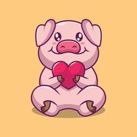 cerdo lindo con ilustración de dibujos animados de amor vector