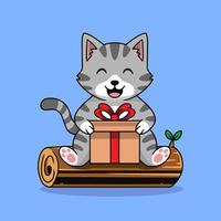 Cute cat holding gift cartoon premium vector