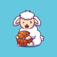Cute sheep holding basketball cartoon illustration vector