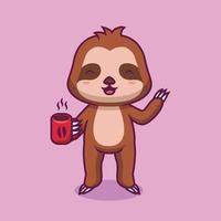 Cute sloth hoding hot coffee cup cartoon illustration vector