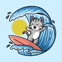 lindo gato surfeando en el mar de dibujos animados premium vector