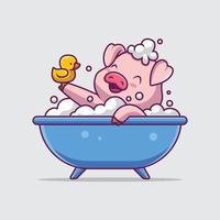 Cute pig bathing in the bathtub cartoon illustration vector