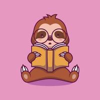 Cute sloth reading book cartoon illustration vector