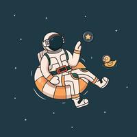 Illustration of astronaut floating on the universe pool with a duck Isolated object vector