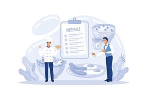 concepto de camarero. personal del restaurante en uniforme, servicio de catering. ajuste de la mesa y cálculo del cliente, consejos para compartir. ilustración vectorial aislada en estilo de dibujos animados vector