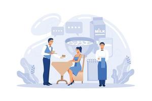 concepto de camarero. personal del restaurante en uniforme, servicio de catering. ajuste de la mesa y cálculo del cliente, consejos para compartir. ilustración vectorial aislada en estilo de dibujos animados vector