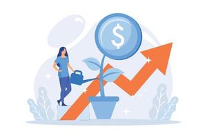 Financial investment. Market trends analysis, investing in lucrative areas, focusing on profitable projects. Businesswoman funding business project. vector