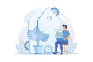 Freelance programming. Programmer cartoon character working with laptop, sitting in armchair. Freelancing, work from home, self-employed. vector