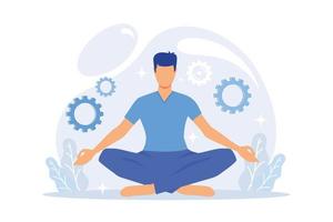 Stress reduction and relieving activity. Man cartoon character sitting in lotus pose. Work and rest balance. Meditation, relaxation, balancing. Vector illustration