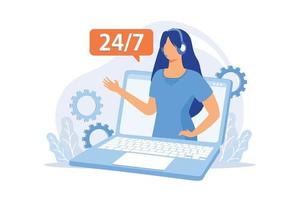 Noctidial technical support. Online assistant, user help, frequently asked questions. Call center worker cartoon character. Woman working at hotline. Vector illustration