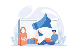 Discount advertising. Shopping event promotion, mobile market, customer attraction. Smm manager cartoon character. Adman working with computer. Vector illustration