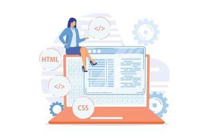 Css and HTML programming languages. Computer programming , coding, IT. Female programmer cartoon character. Software, website development. Vector illustration