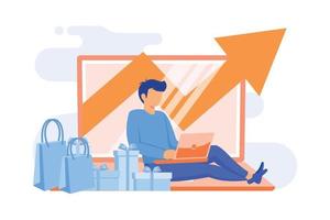 Company revenue rates. Buying gift, sales growth, company profit analysis. Online store manager analysing income. Man calculating capital expenditure. Vector illustration