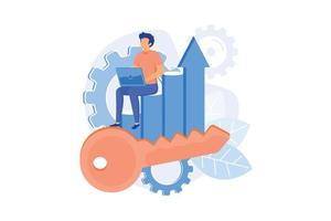 Business strategy, success key. Productivity, KPI performance, efficiency. Male analyst flat character sitting on diagram. Report analysis. Vector illustration