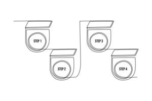 Continuous one line drawing timeline infographic design element with 4 steps. Measurement and performance level concept. Single line draw design vector graphic illustration.