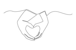 Continuous one line drawing two hands make heart shape. Peace day concept. Single line draw design vector graphic illustration.