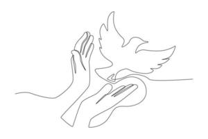 Continuous one line drawing two Hand holding Dove flying. Peace day concept. Single line draw design vector graphic illustration.