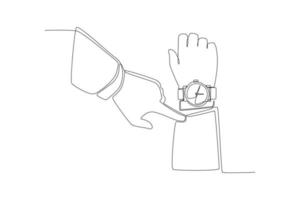 Continuous one line drawing Business man seeing wristwatch to check time at office. Young boy look at clock to work. Late concept. Single line draw design vector graphic illustration.