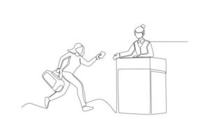 Continuous one line drawing woman with bag running and giving her ticket to airport clerk. Late concept. Single line draw design vector graphic illustration.
