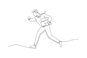 Continuous one line drawing businessman checking time in his hand, running and late for his business appointment. Late concept. Single line draw design vector graphic illustration.